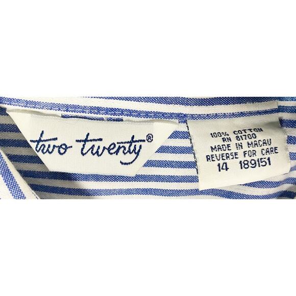 Vintage Two Twenty Women's Blue White Stripe Button Up Cotton Shirt Cat Appliqué - Picture 6 of 6